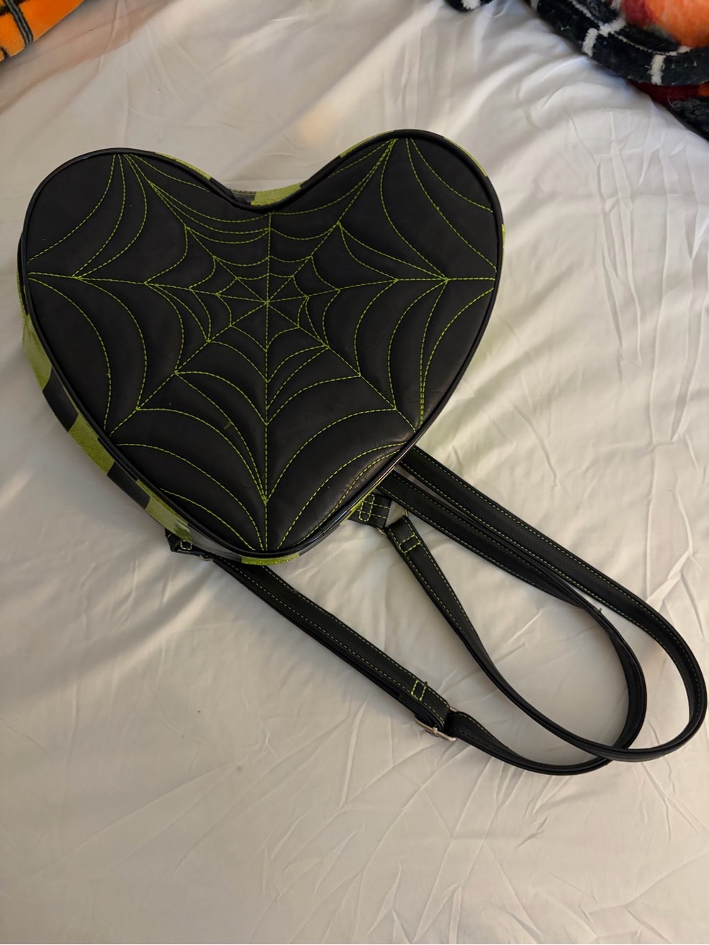 Love Pain and Stitches Pumpkin Kult Green Glitter Spiderweb Heart Backpack OG